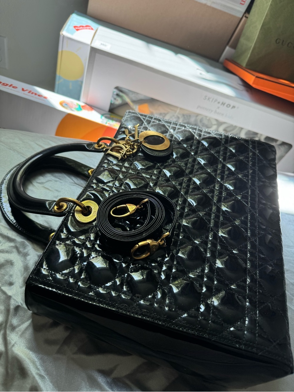 Dior Black Patent Leather Lady Dior Satchel with Gold Hardware Very New - Picture 11 of 11